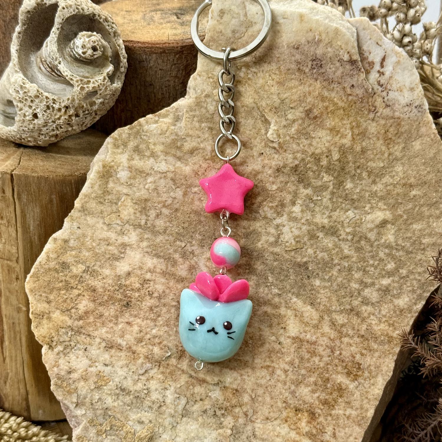 Cat with Pink Flower Keychain