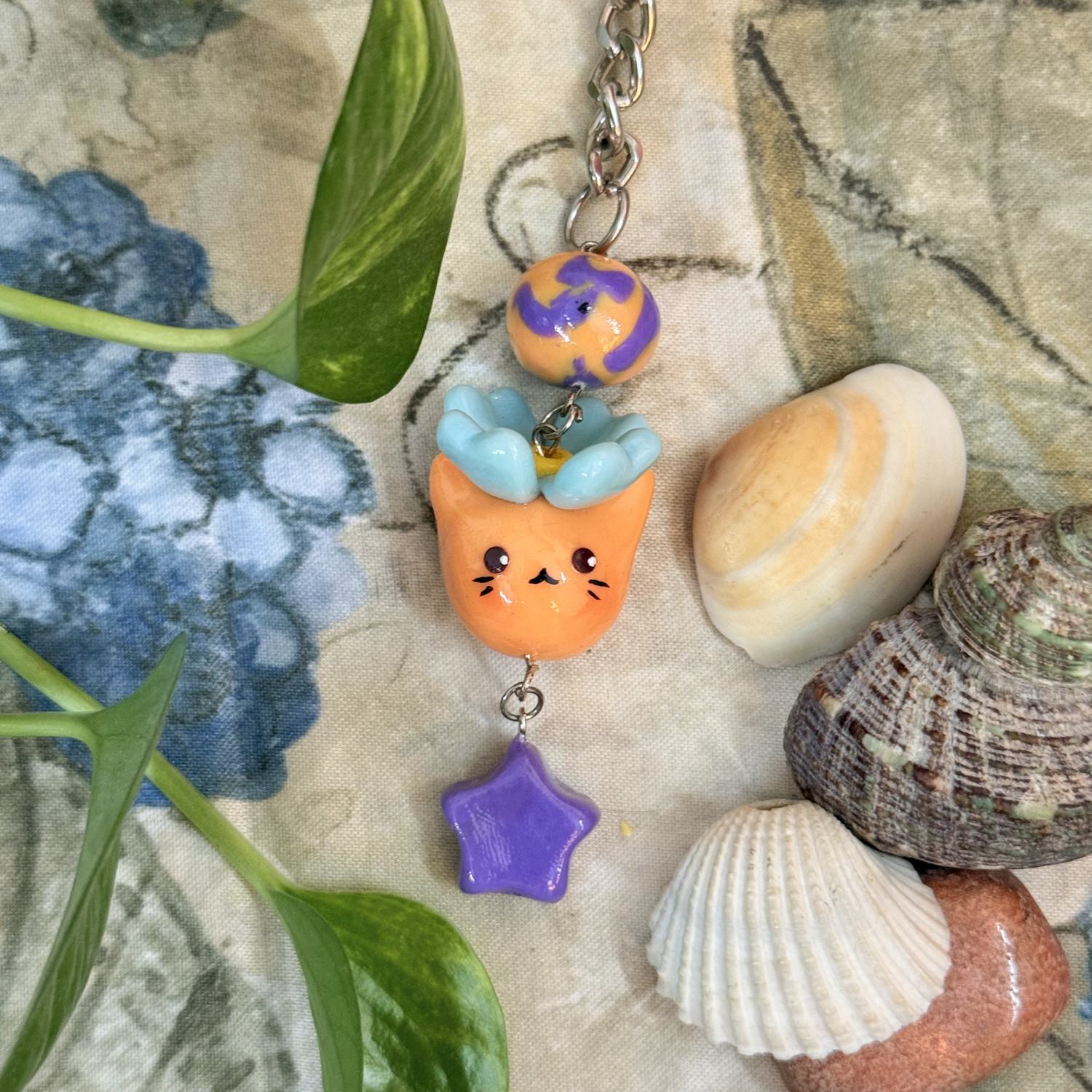 Orange Cat with Flower Keychain